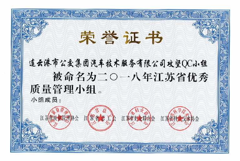 公交集團(tuán)機(jī)務(wù)技術(shù)事業(yè)部“攻堅(jiān)”QC小組喜獲江蘇省優(yōu)秀質(zhì)量管理小組稱號