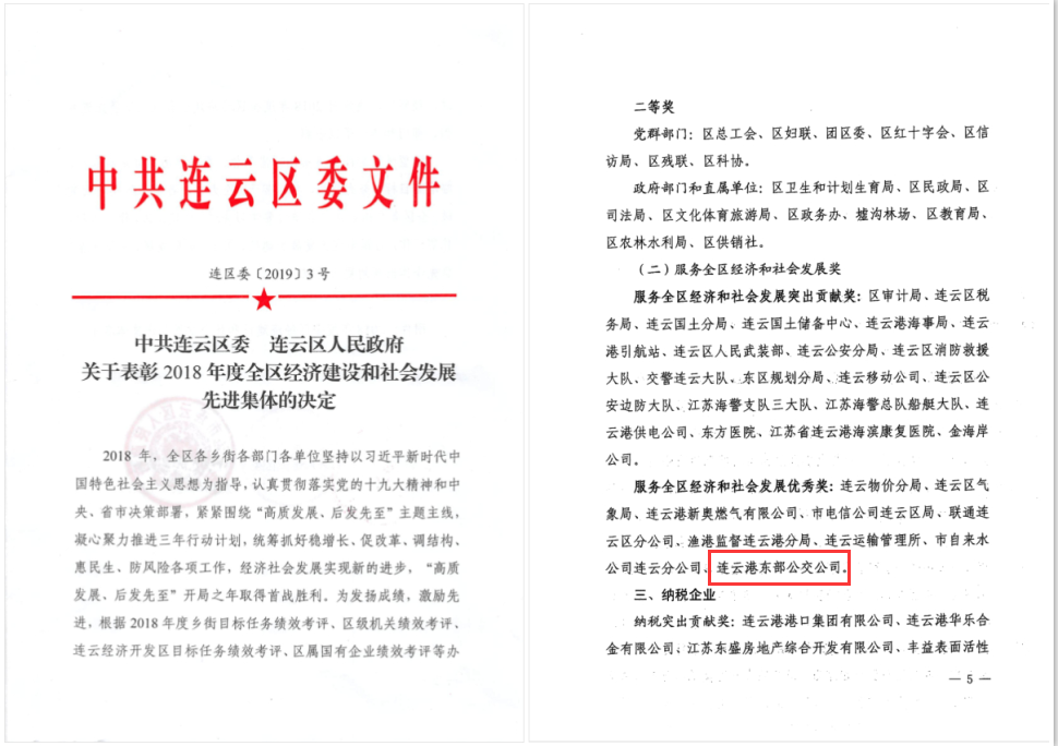 公交集團(tuán)公交事業(yè)二部榮獲連云區(qū)2018年度服務(wù)全區(qū)和社會發(fā)展優(yōu)秀獎